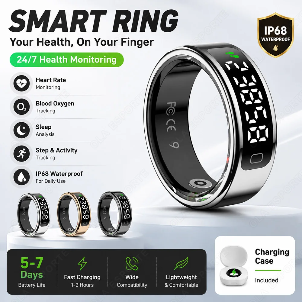 R12 Smart Ring with Display Screen and Touch, Heart Rate Health Manager, Wireless Charging, 5 ATM Waterproof For Men Women 2027