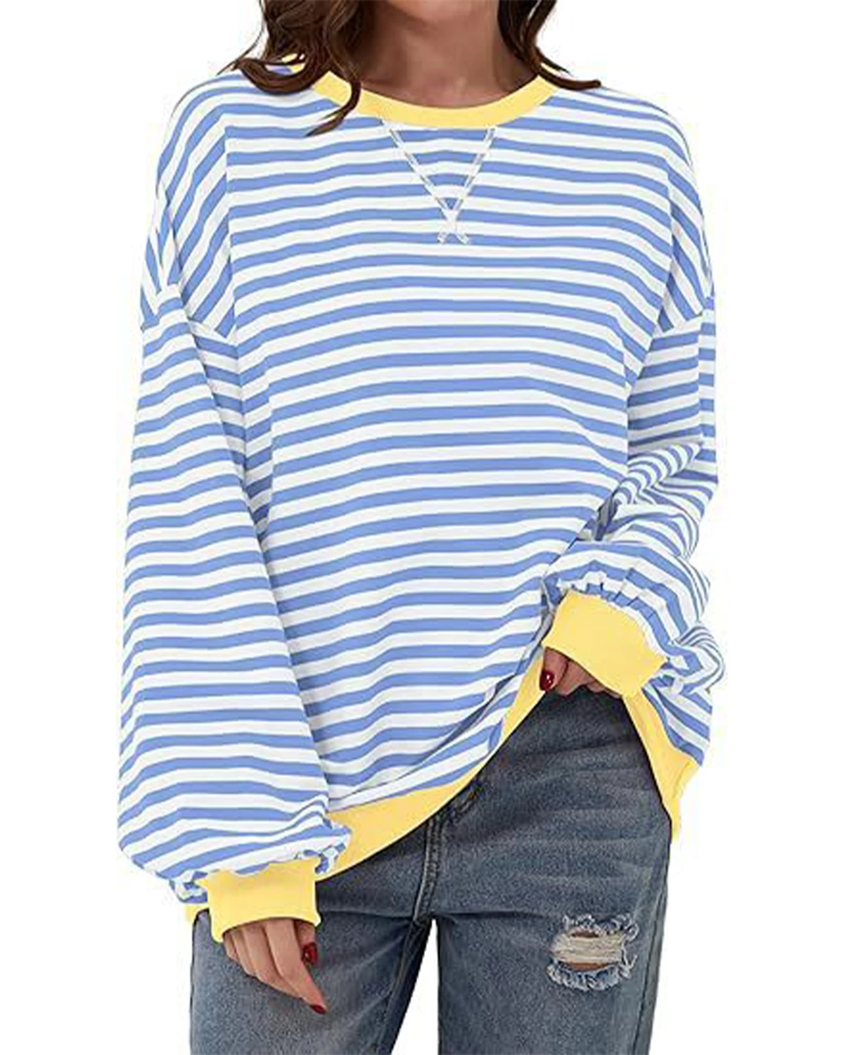 2024 Autumn and Winter Simple Home Leisure New Style Striped Pattern Round Neck Trendy Long Sleeve Hoodie Color blocked T