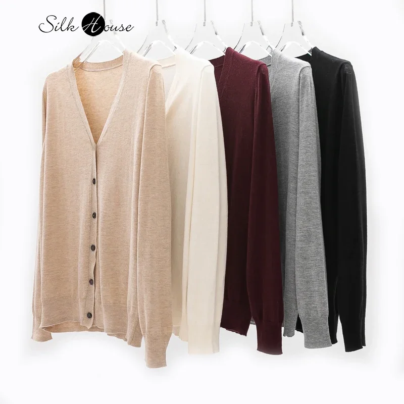 2024 Women's Fashion Autumn New Leisure Mulberry Silk Cashmere Blended Basic V-Neck Long Sleeve Soft Glutinous Knitwear Cardigan