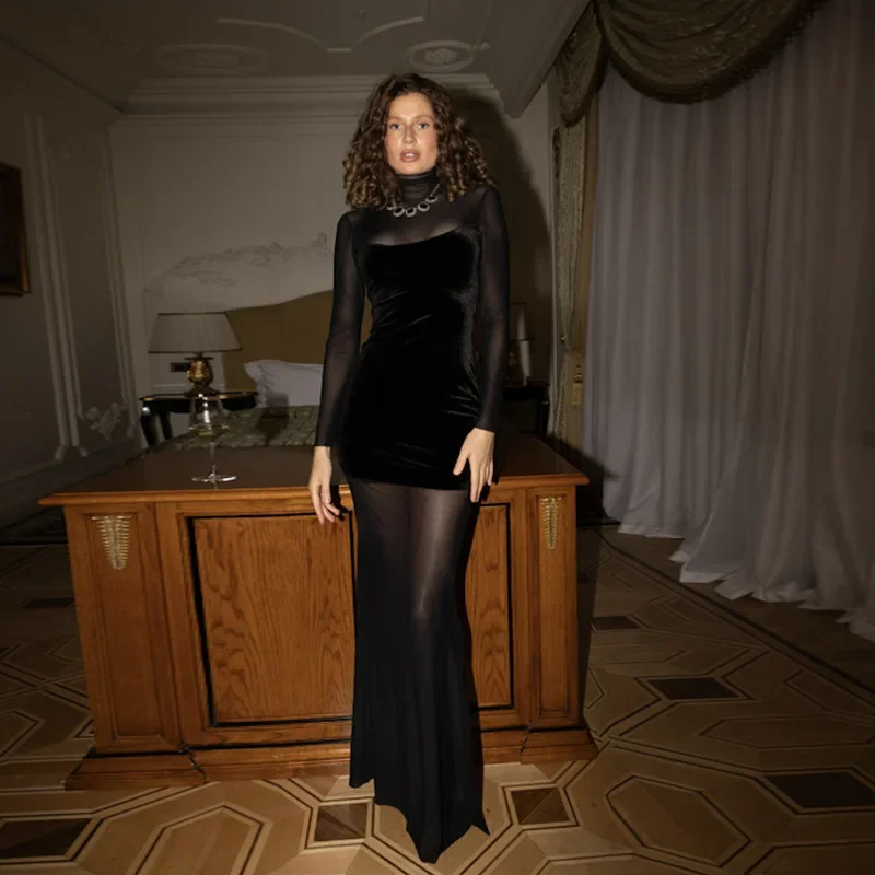 Cryptographic Long Sleeve See Through Mesh Dress Velvet Fashion Club Party Gown Black Turtleneck Vestido Bodycon Dress Clothes