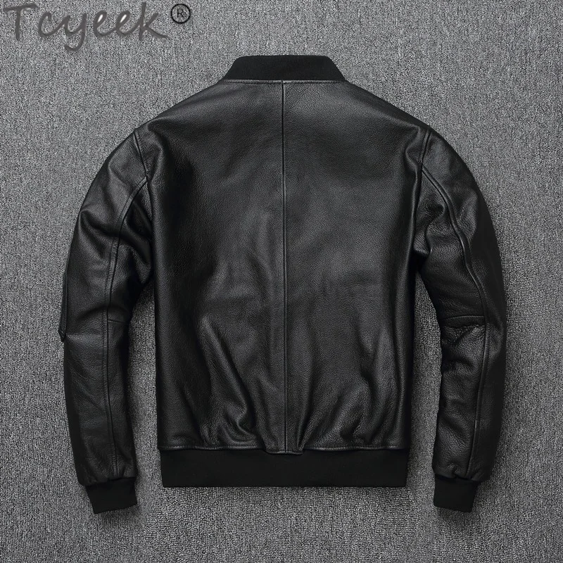 Tcyeek Men's Baseball Coat Spring Fall Short Casual Coats Slim Calfskin Genuine Leather Jacket Men Clothes Chaquetas Hombre Tide