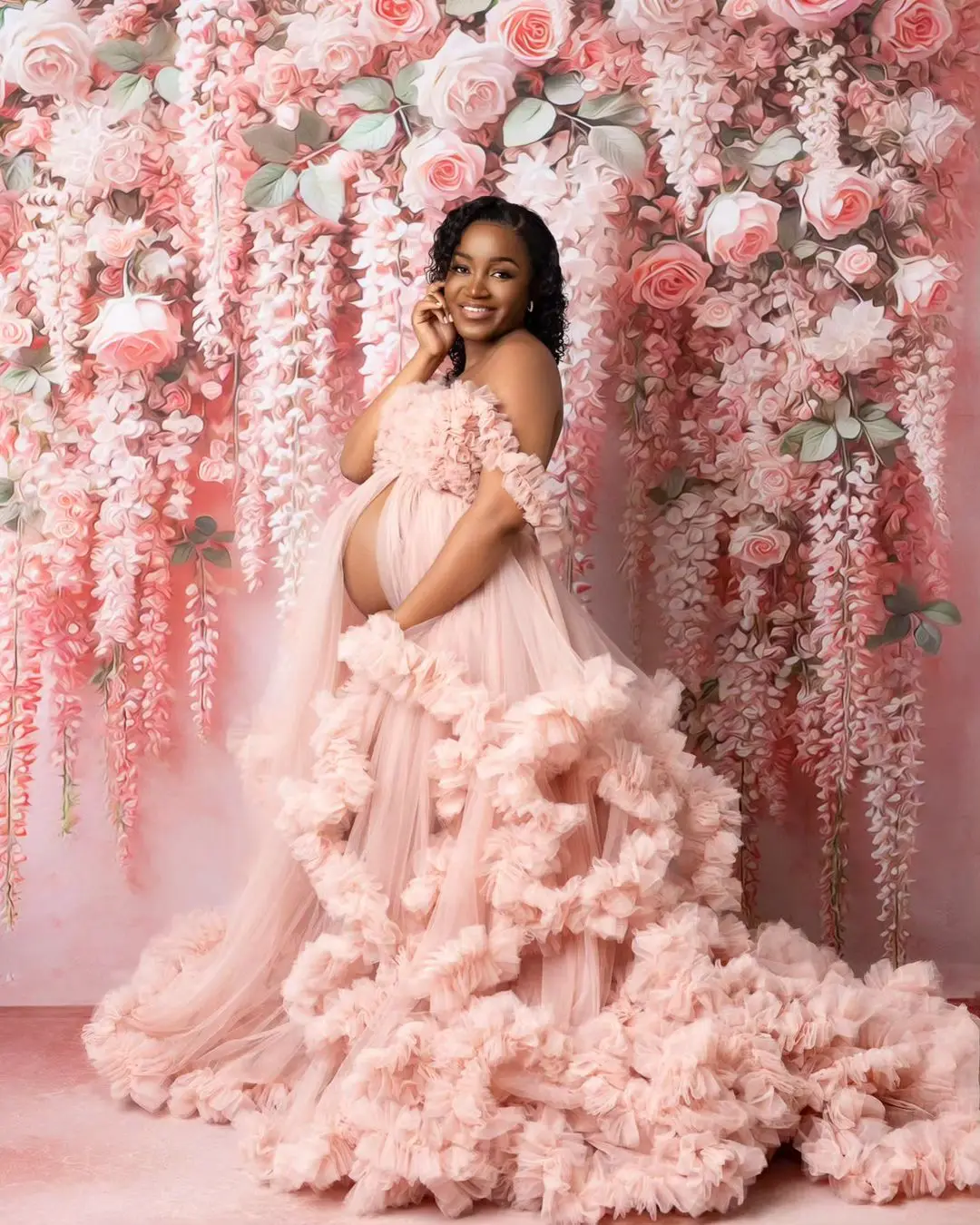 Puffy rosa tule vestidos de gravidez em camadas babados uma linha roupões de maternidade para foto sexy trem varredura personalizado vestido de chuveiro do bebê