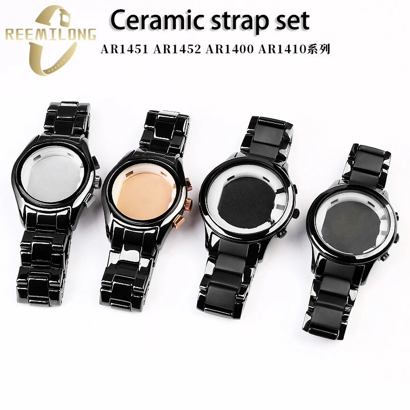 Ceramic watchband set Hi-Q 22 24mm All black men\'s watch case arc interface strap For Armani AR1451 AR1452 AR1400 AR1410 AR70002