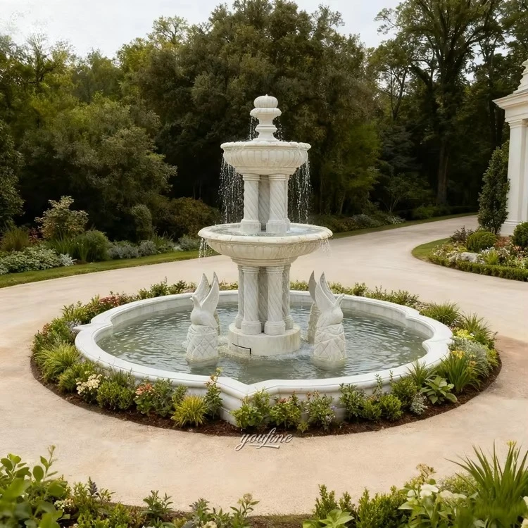 Outdoor Large Classical Stone White Marble Dove Water Fountain Sculpture for Driveway Center