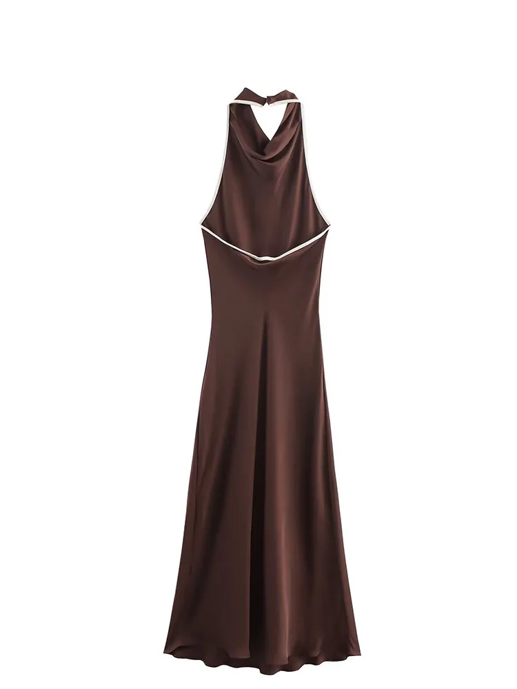 HH mujer moda Sexy espalda descubierta sin mangas vestidos largos mujeres verano elegante cuello colgante diseño de botones vestido de fiesta marrón