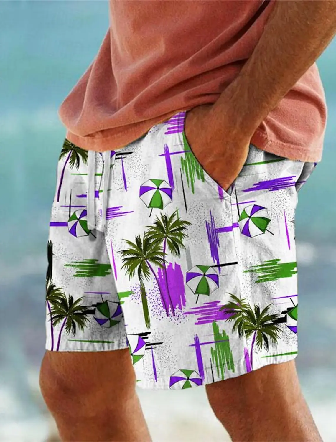 Pantaloncini da surf da uomo stampati con palma alla moda pantaloncini hawaiani costume da bagno con coulisse Comfort pantaloncini da vacanza traspiranti