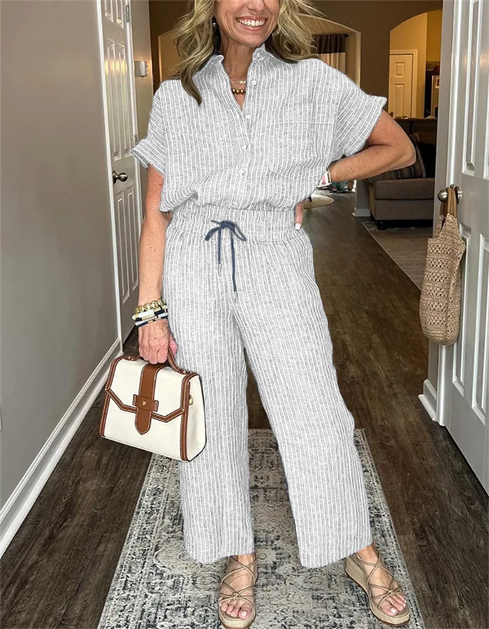 

2025 Spring Autumn New Casual Commuter Women's Set Fashion Striped Print Lapel Short Sleeve Shirt Straight Loose Trousers Set