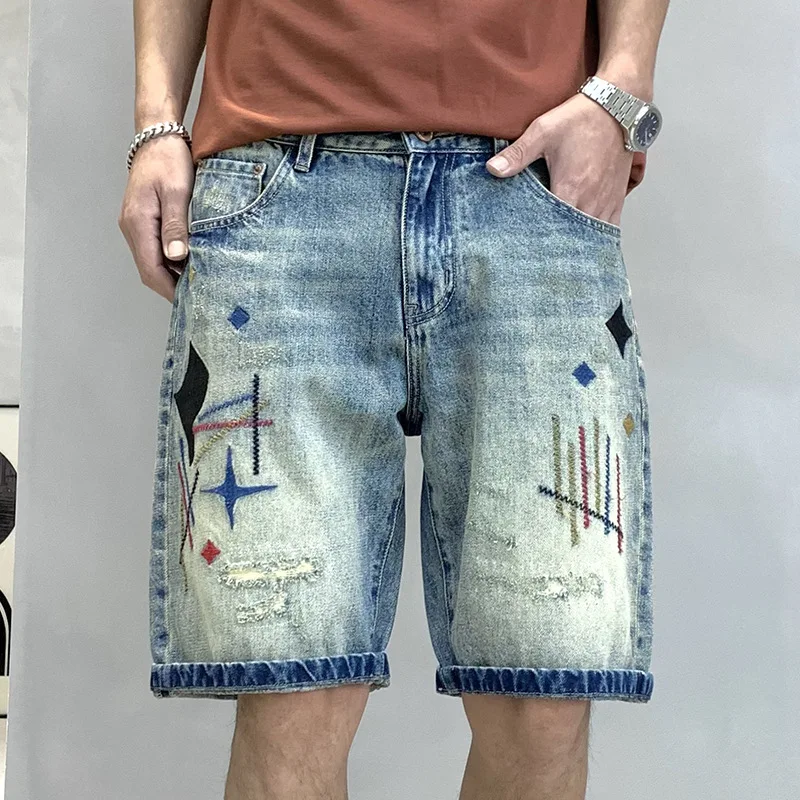 

Heavy Industry Water-Washing Embroidery Hole & Patch Denim Shorts Men's Trendy Unique Embroidered Five-Point Denim Middle Pants