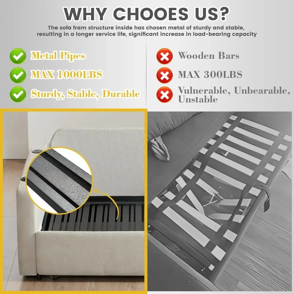 أريكة قابلة للسحب 3 في 1، سرير أريكة قابل للتحويل مقاس 56 بوصة، مقعد مع حاملات أكواب، جيوب تخزين، USB، أرائك أريكة لـ L