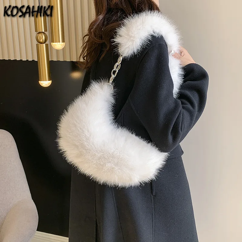 Japanese Kawaii Fluffy Shoulder Underarm Bag Simple Women Streetwear Fashion Handbags Casual Y2k Aesthetic All Match Hobo Bags