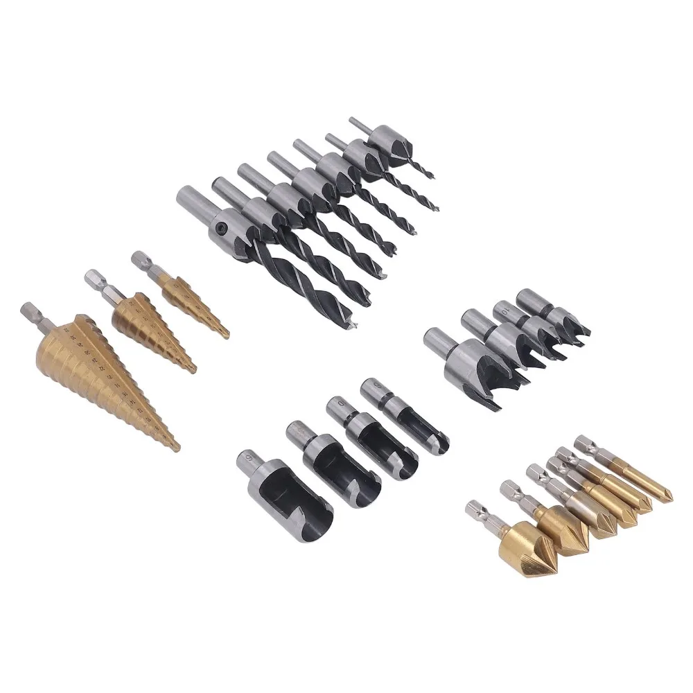 26pcs 6-Piece Countersink Bit Chamfer Drill Bit Set L-Wrench Included 8-Piece Wood Plug Cutter Wood Plug Cutter Set
