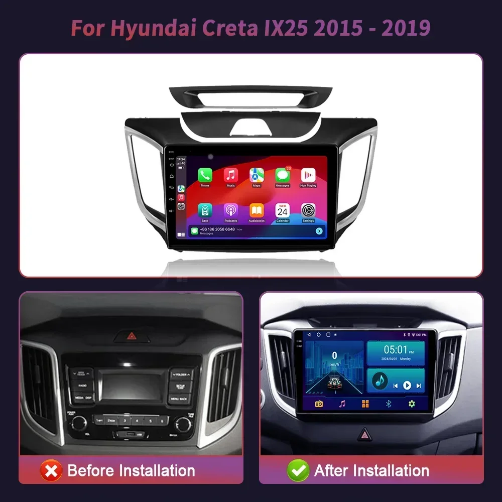 Android 14 Car Radio Multimedia Navigation GPS For Hyundai Creta IX25 2015-2019 WIFI 4G Head Unit Wireless Carplay Stereo Screen