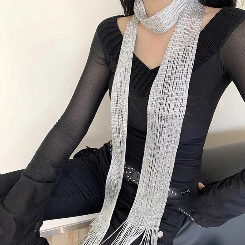 Korean Silver Silk Scarf Spring and Summer Y2k Silk Scarves Ribbon Ins Women Long Petite Muffler Scarf  Women Accessories