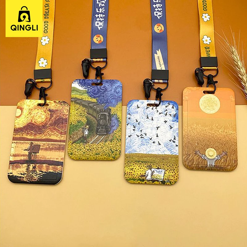 Creative Van Gogh Oil Painting Card Holder Neck Lanyard Keychain IC Access Card Bag ID Badge Name Tag Credential Work Card Cover