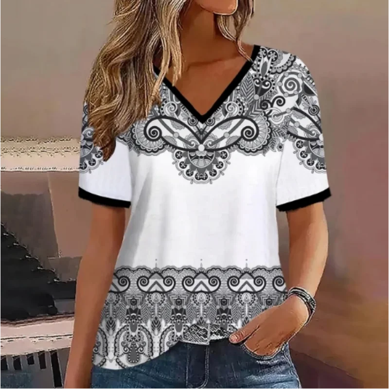 Gradient V-neck short sleeved street style T-shirt for women commuting in summer loose and comfortable casual T-shirt for women