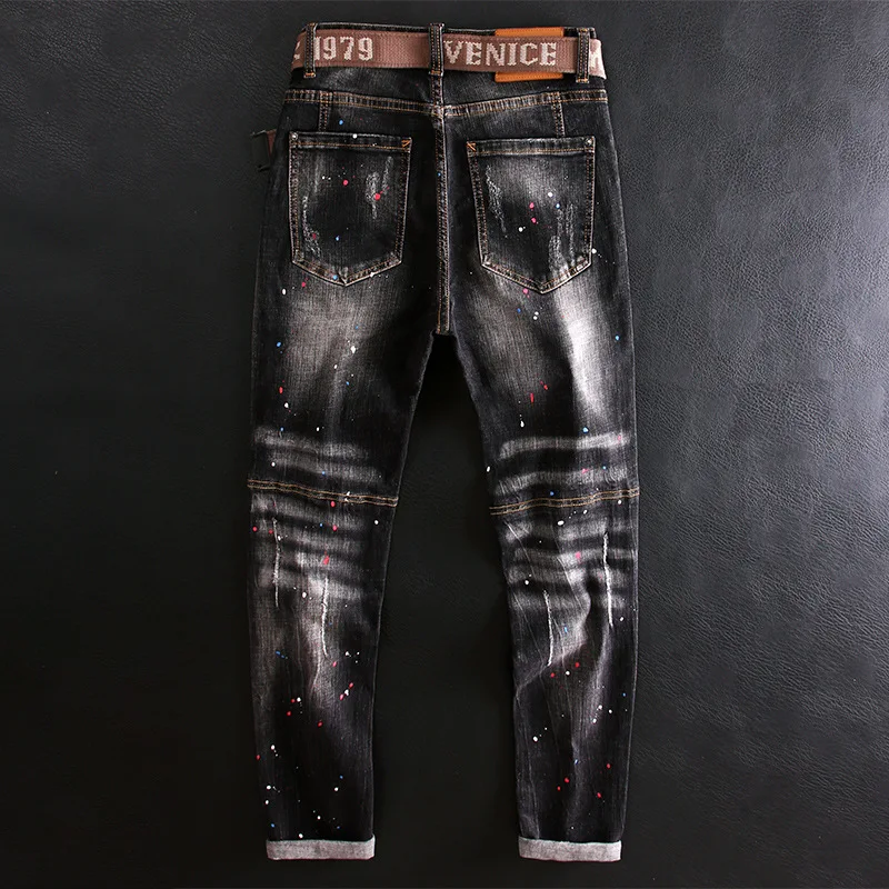 Fashion Pocket Designer Men Jeans Retro Black Gray Stretch Slim Fit Ripped Jeans Men Hip Hop Painted Vintage Denim Pants Hombre