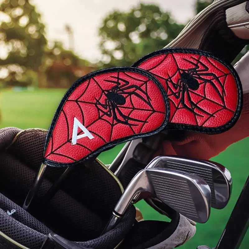 Golf Club Head Covers 9pcs Waterproof Golf Iron Headcovers Wedges Covers Spider Pattern Lengthen PU Leather Binding Collision