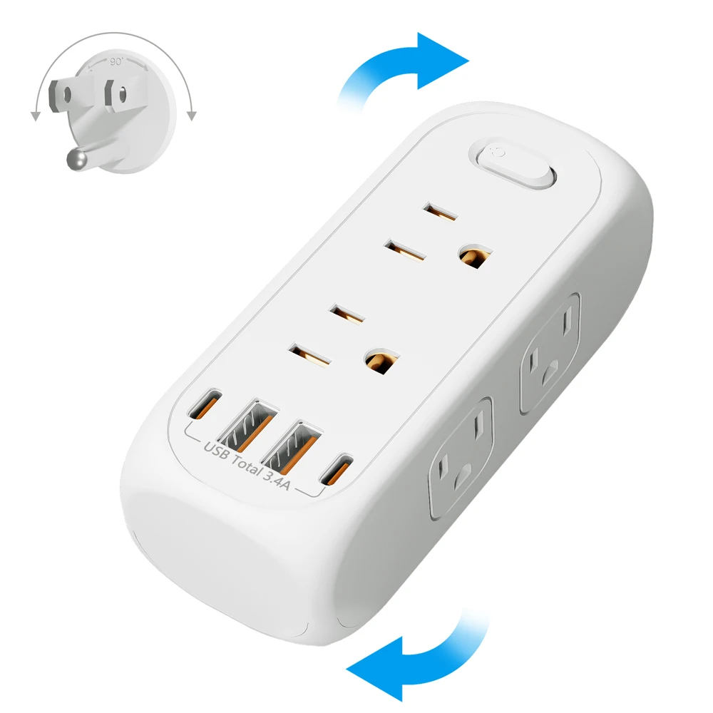 Us Ac Plug Power Strip 180-Degree Rotation Outlets Wall Mounted 6 Ac Electrical Socket with 2 Usb-A 2 Usb-C Charging Ports