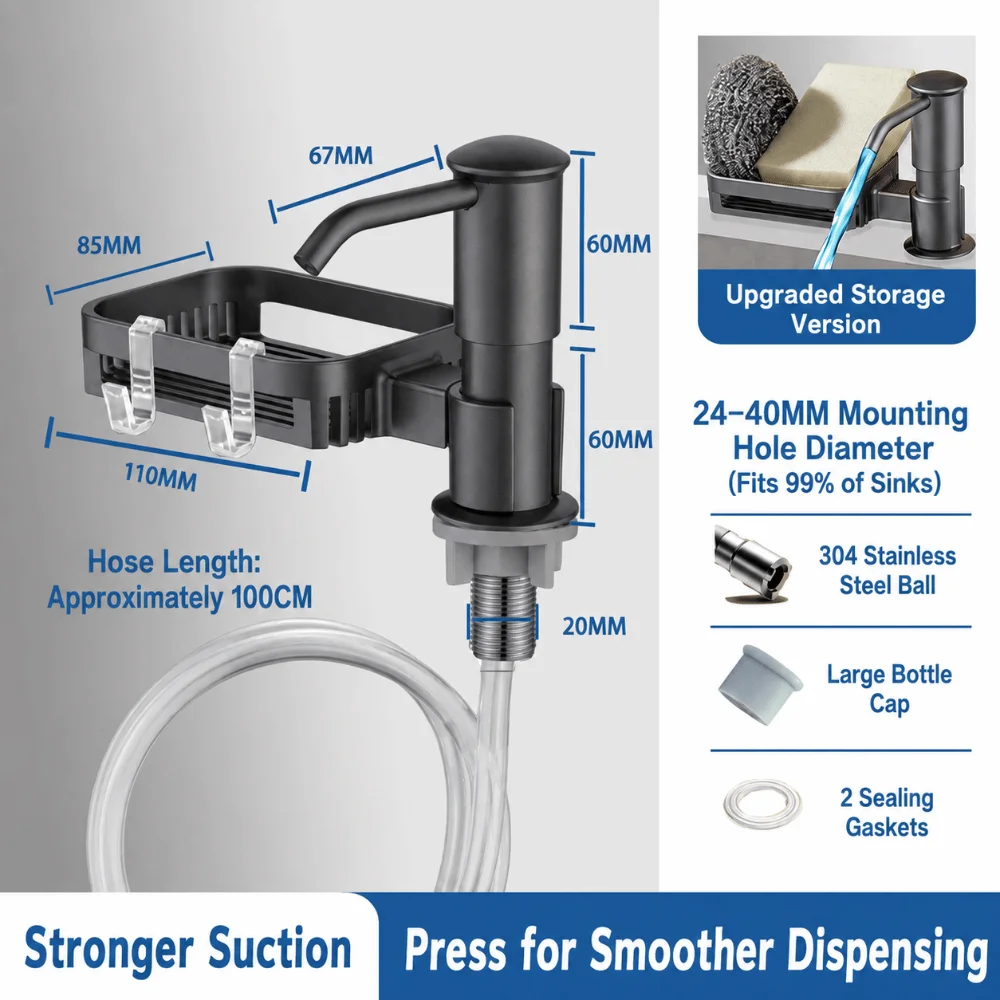 Aluminum Sink Soap Dispenser Extension Tube with Tray Dishwashing Liquid Dispenser Easy Install Countertop Soap Dispenser