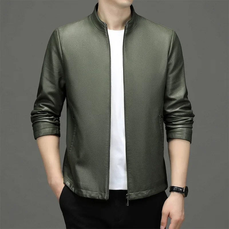 High Quality Men Leather Jacket Korean Fashion Men\'s Standing Collar Ecological Mens Clothing Popular Leather Coat Outerwear