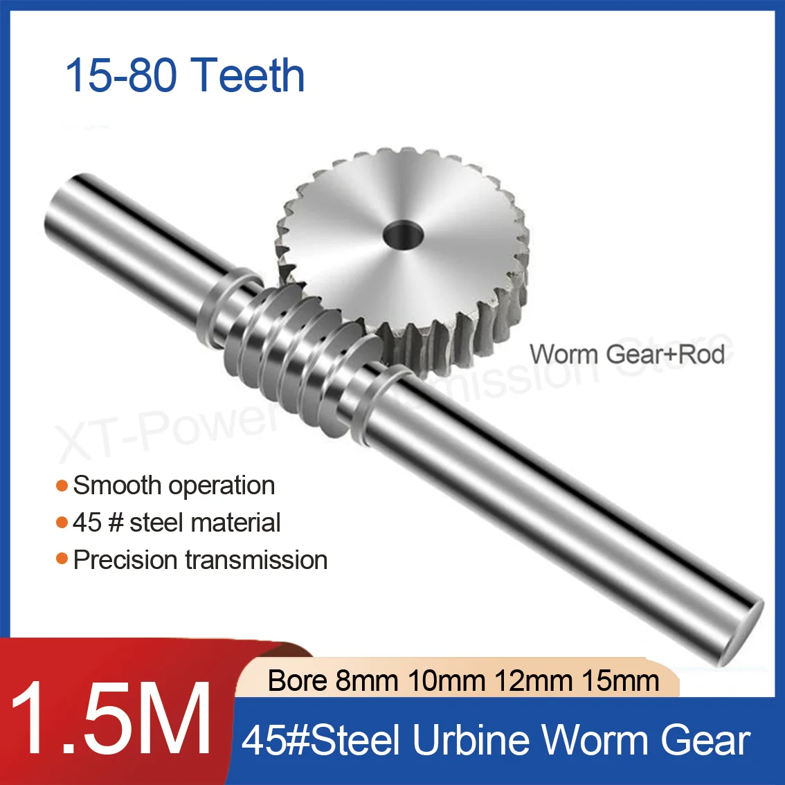 

1 Set 1.5M 45#steel Worm Gear With Rod 15/20/25/30/35/40/45/50/55/60/80 Teeth Worm Gear Reducer Transmission Parts Bore 8-15mm