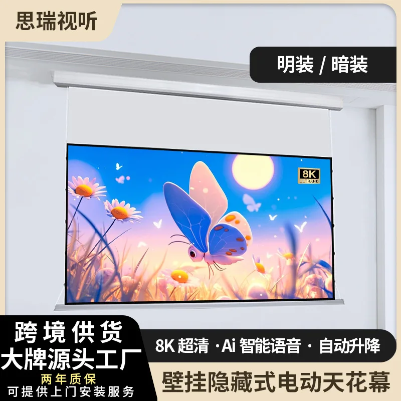 

Настенный скрытый встроенный электрический занавес высокого разрешения, антисветовой домашний пульт дистанционного управления, автоматический подъемный проекционный экран