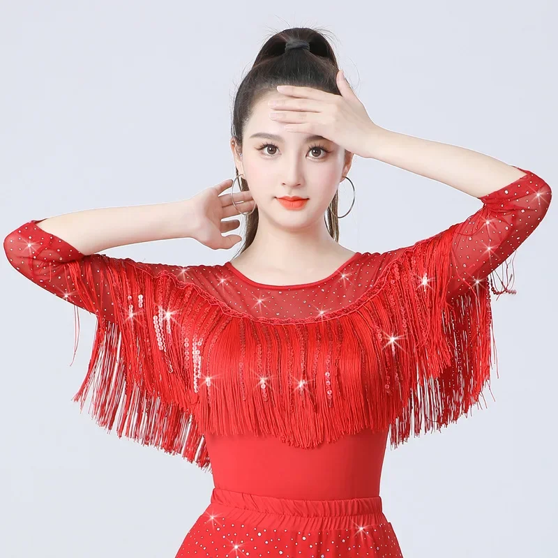 Latin Dance Suit Adult Gitaba Women Ballroom Sequin Costume Modern Dance Tassel Sexy Mesh Mid-Sleeve Social Dance Top M-4XL