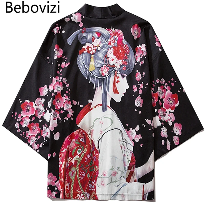 Bebovizi-ropa de calle de moda negra para hombres y mujeres, cárdigan Kimono con estampado de belleza, bata China Haori Obi, ropa tradicional