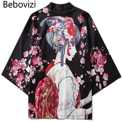 Bebovizi Black Fashion Streetwear Beauty Print Kimono Cardigan Robe China Haori Obi abiti tradizionali giapponesi per donna uomo