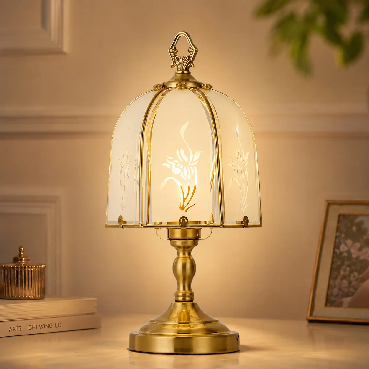 American retro copper table lamp French glass engraved atmosphere decorative ornament medium antique charging night light