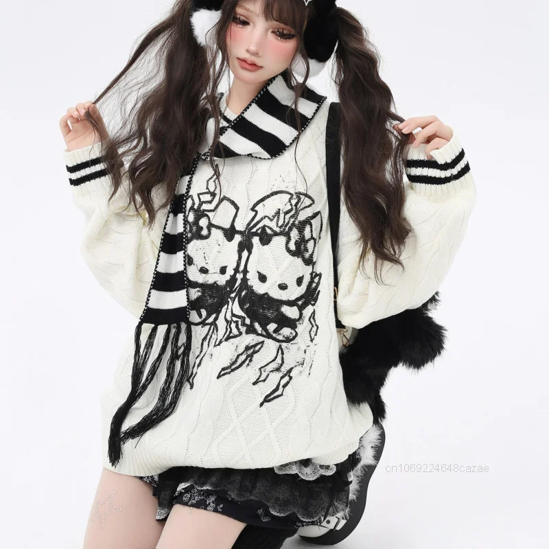 Sanrio Hello Kitty Subculture Pattern Sweet Sweater Lazy Atmosphere Cute Winter Sweater Japanese Style Harajuku Knitted Pullover