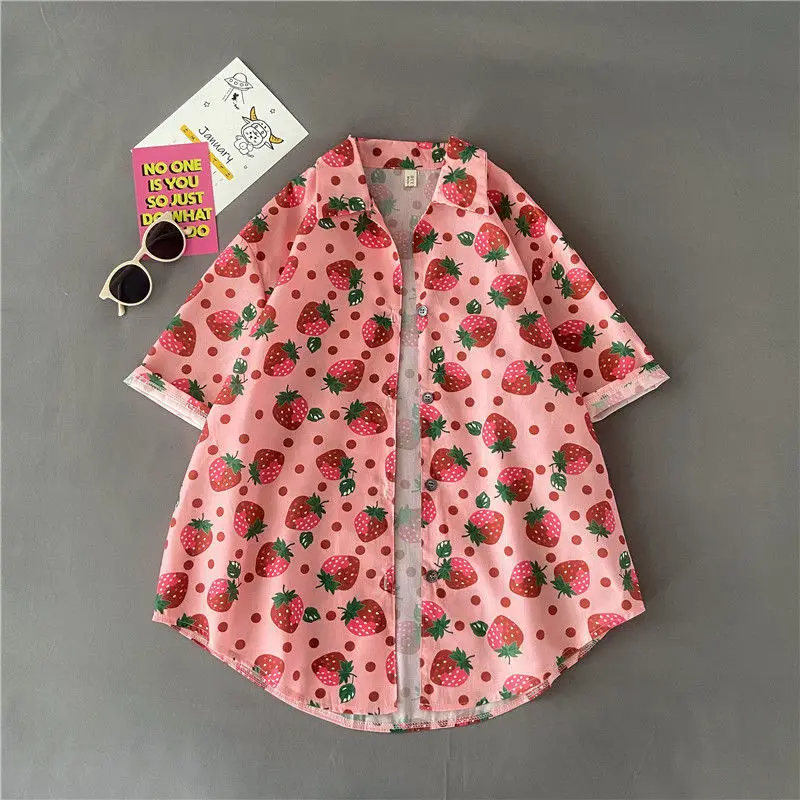 Japan Kawaii Fruit Strawberry Graffiti Button Up Shirt Cute Sweet Girl Teens POLO Shirts Short Sleeve Tops Korean Fashion Beach