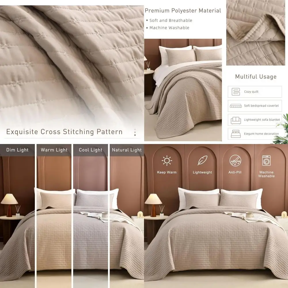 

Ultra Soft Microfiber Oversized California King Quilt Set, Lightweight 3-Piece Linen Colored Coverlet Bedding for All Seasons