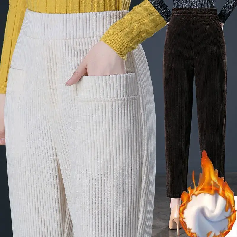 

Осенне-зимние модные женские брюки-карандаш длиной до щиколотки, универсальные однотонные эластичные вельветовые брюки с высокой талией, тонкие повседневные прямые брюки