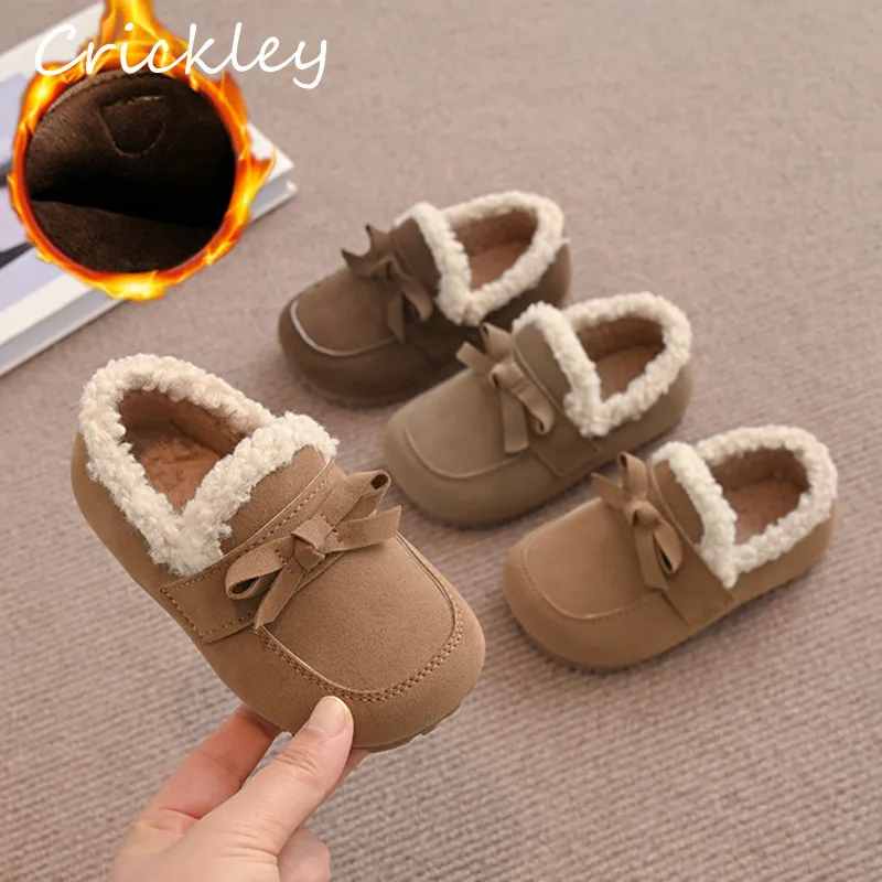 

Bow Solid Girls Flats Shoes Princess PU Leather Slip On Loafers For Kids Plush Warm Anti Slip Toddler Children Winter Shoes