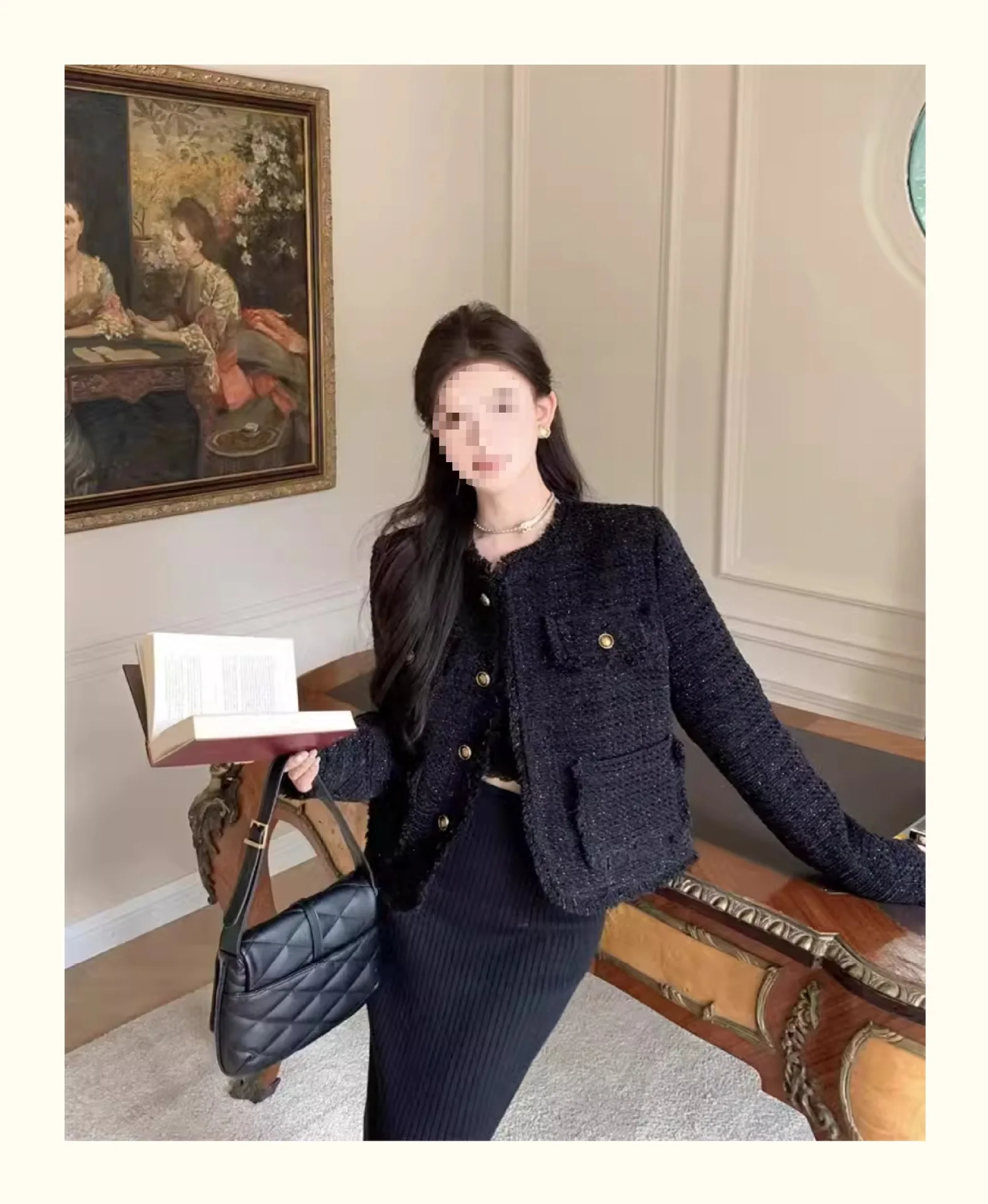 

Tweed Jacket Cream Womens Summer Velvet Premium Fitted Flaps Decorated Ornamental Fancy Expensive Seductive Alluring Charms Lady