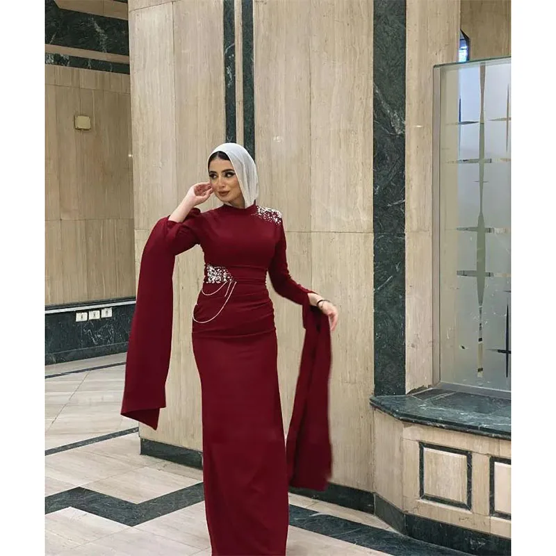 

Burgundy Sheath Muslim Prom Dresses O Neck Long Sleeve Formal Party Gown Arabic Dubai Floor Length Vestidos De Fiesta