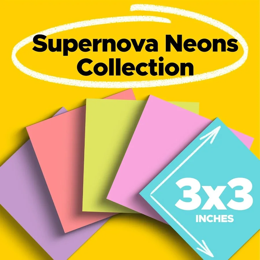 Super Sticky Notes 3x3 in 12 Pad 2X The Sticking Power Supernova Neons Colori vivaci riciclabili per l'ufficio e l'uso domestico Miglioratore