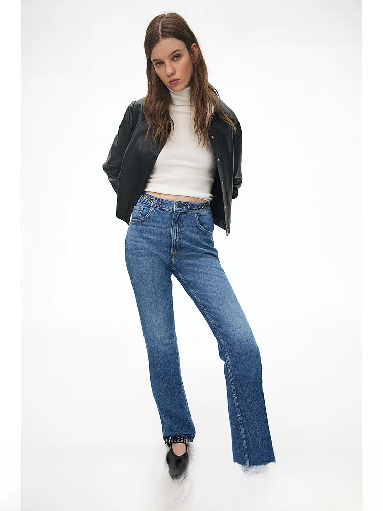 

H&M High Waist Straight Leg Casual Fashionable Jeans Women's Summer Premium Denim Cotton 100% Long Pants