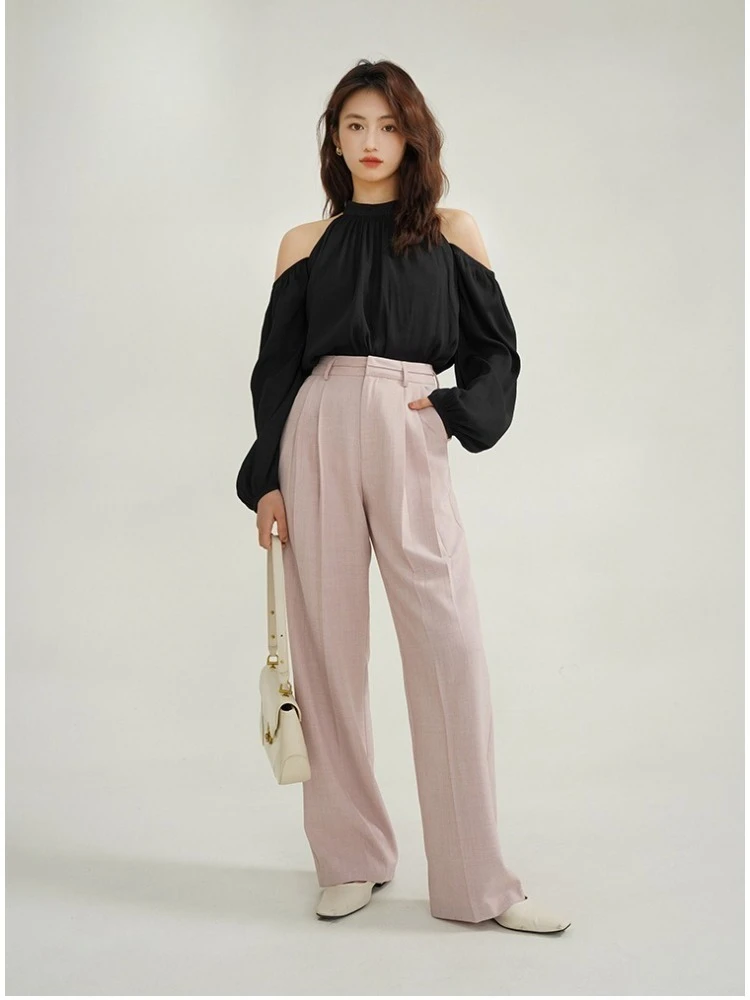 Elegant High-Waist Suit Pants for Women Lady Loose Straight Trousers Chic Commuter Style Relaxed Fit Spring Office Daily Wear