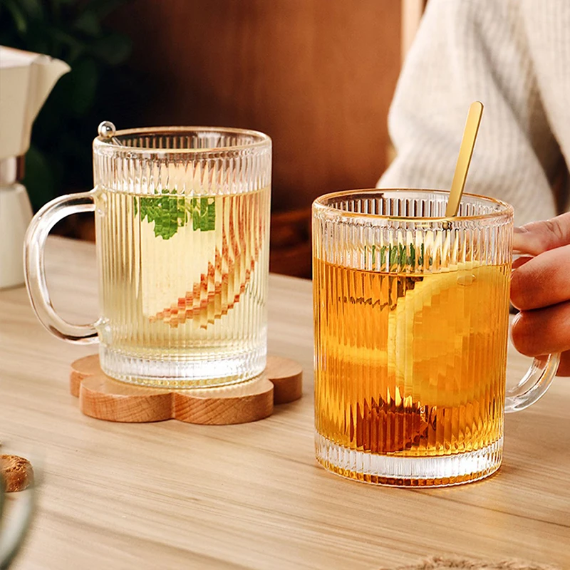 Striped Glass Water Cup with Handle for Home Living Room Drinking Cup Beer Cup Vertical Pattern Handle Cup Ash Glass Cup