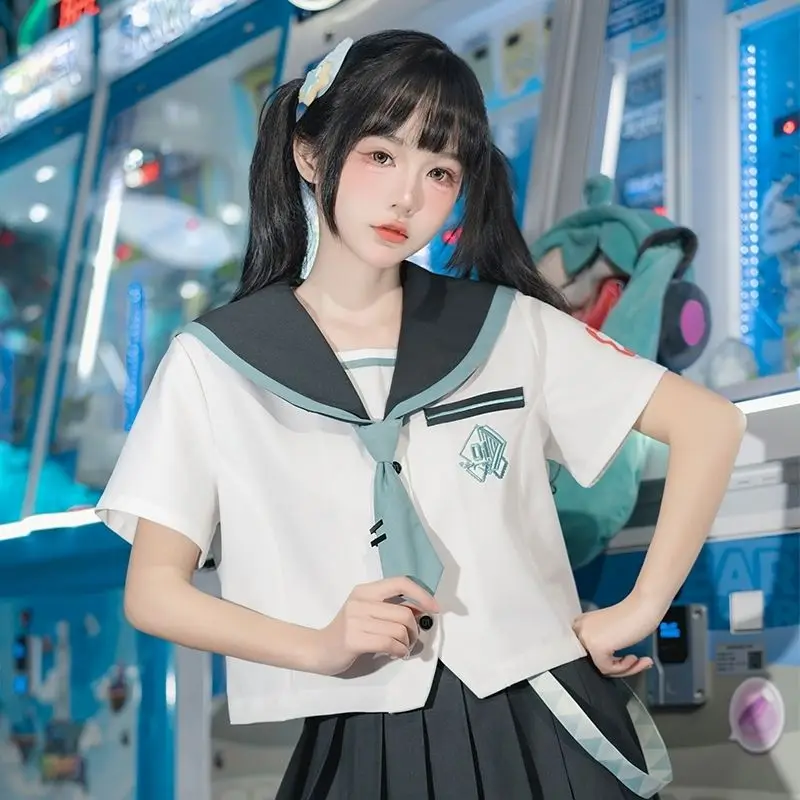 Japan Anime JK Uniform Sweet Cute Sailor Collar Short Sleeve Shirt Pleated Skirt Two-Piece Sets Women Preppy Style Outfits