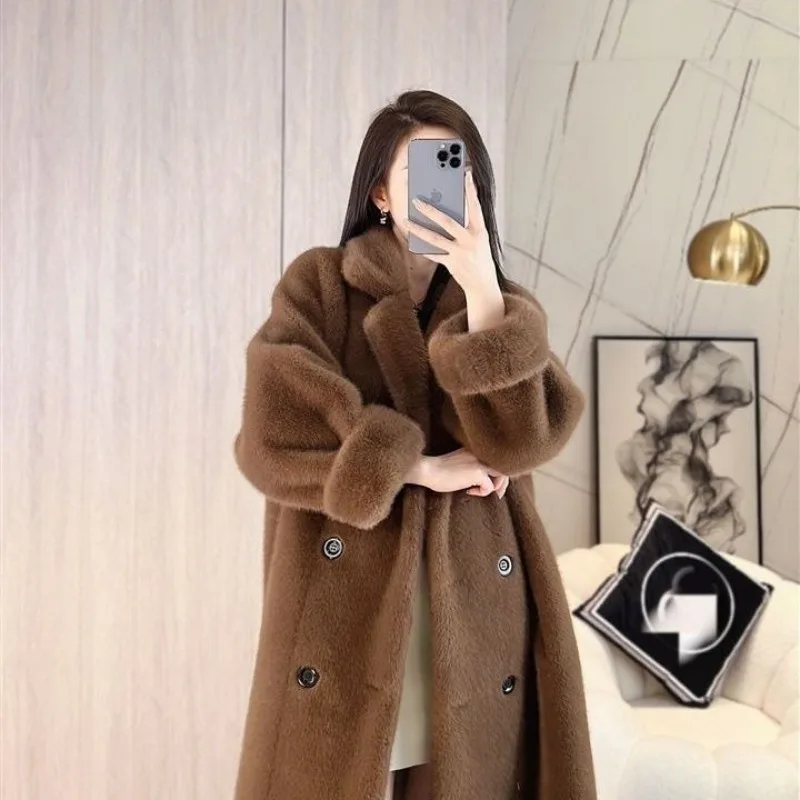 2023 New Women Winter Faux Fur Coat Eco-friendly Mink Fleece Overcoat Fur Long Jacket Loose Korean Style Double-breasted Outwear