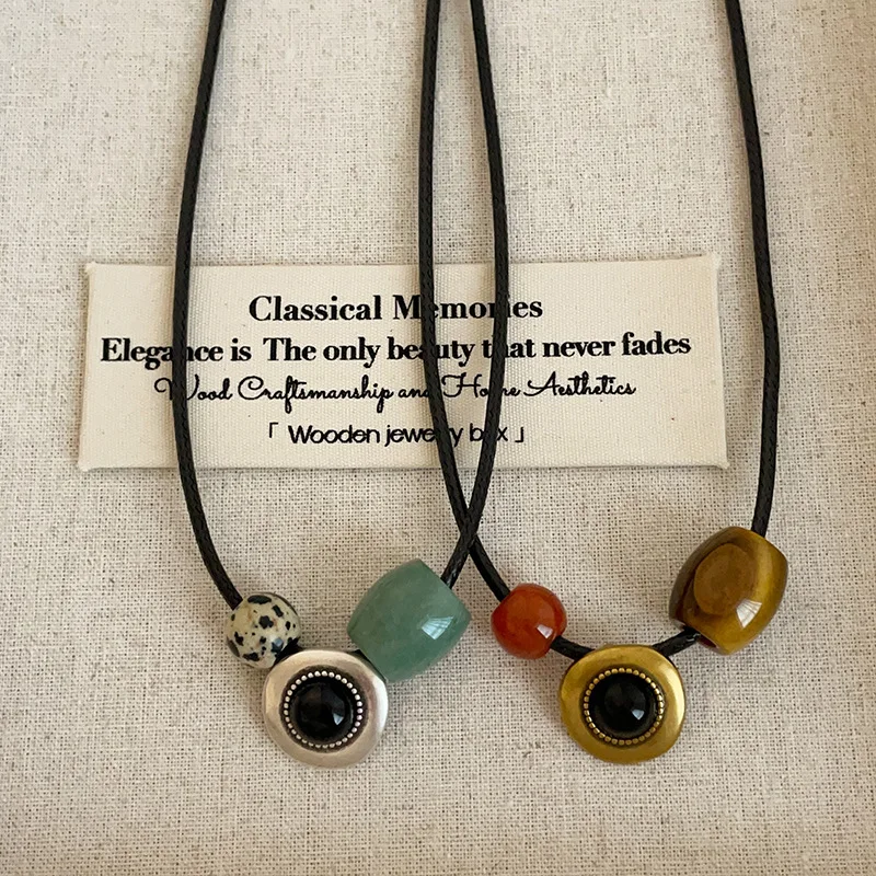 

Minar Hot Sale Tiger Eyes Spotted Natural Stone Beads Geometric Pendant Necklace for Women Black Color Wax Rope Chain Chokers