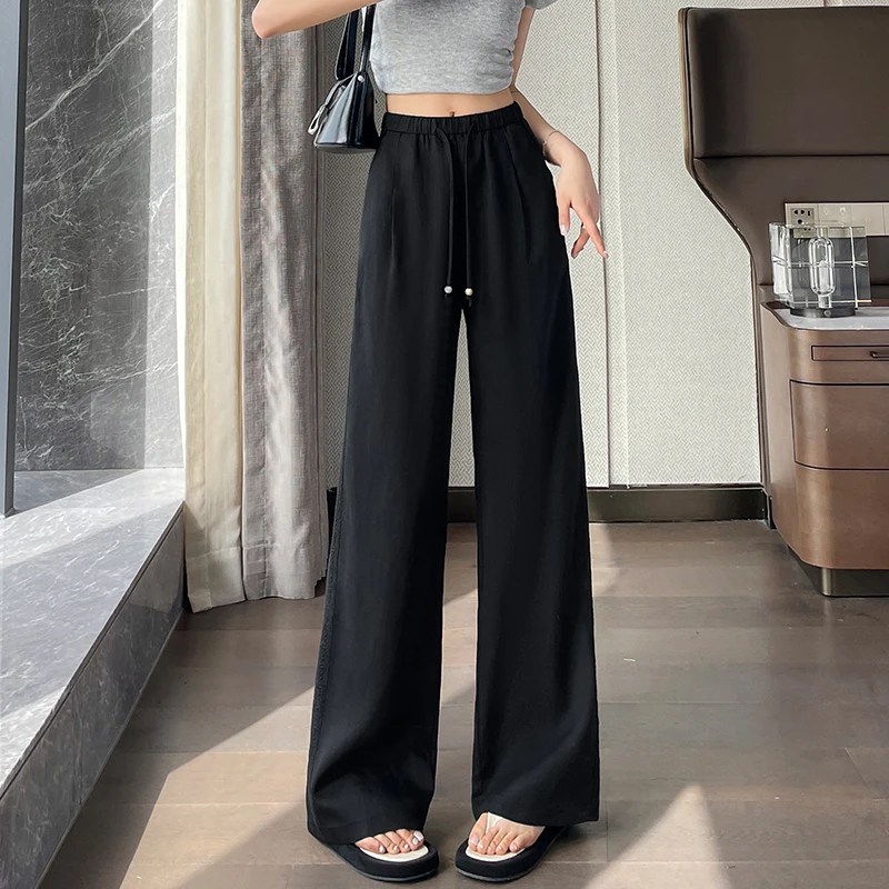 2025 Summer New Ice Silk Linen Wide Leg Pants for Women Comfortable Thin High Waist Yamamoto Pants Casual Lace Splicing Pants
