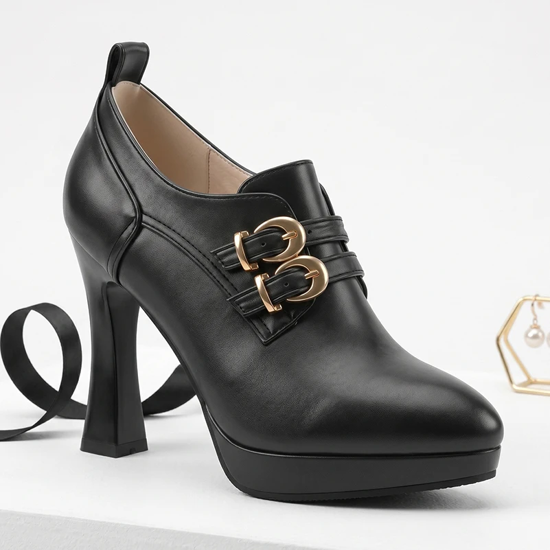 

Plus Size Pointed Table Ultra-High Hollow Thick Heel Double Row Buckle Slip On Short Boots Shallow Summer Office Ankle Boots