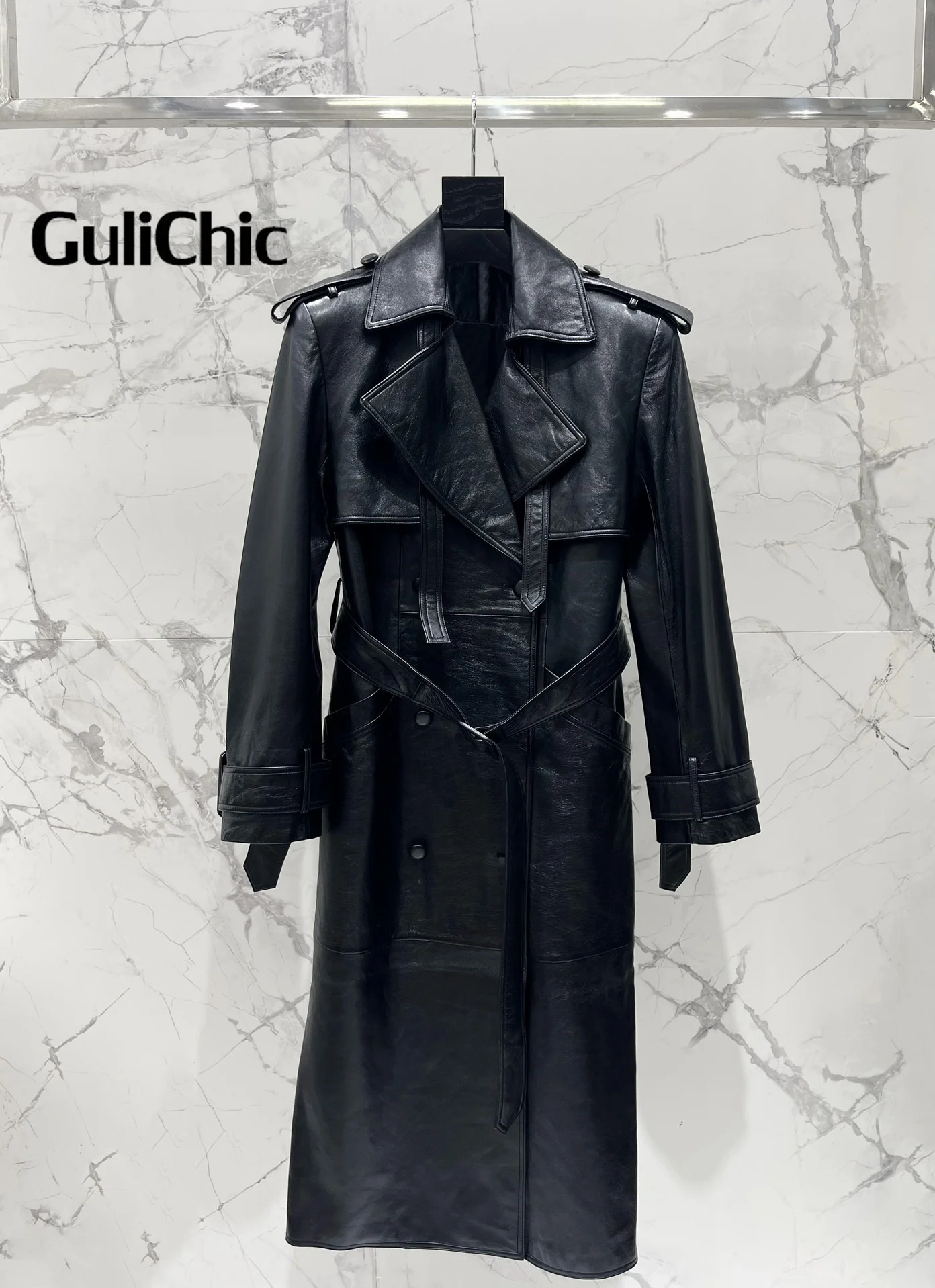 8.10 GuliChic Women Genuine Leather Jacket Autumn Winter Temperament Lapel Double Breasted With Belt Slim Long Trench Coat