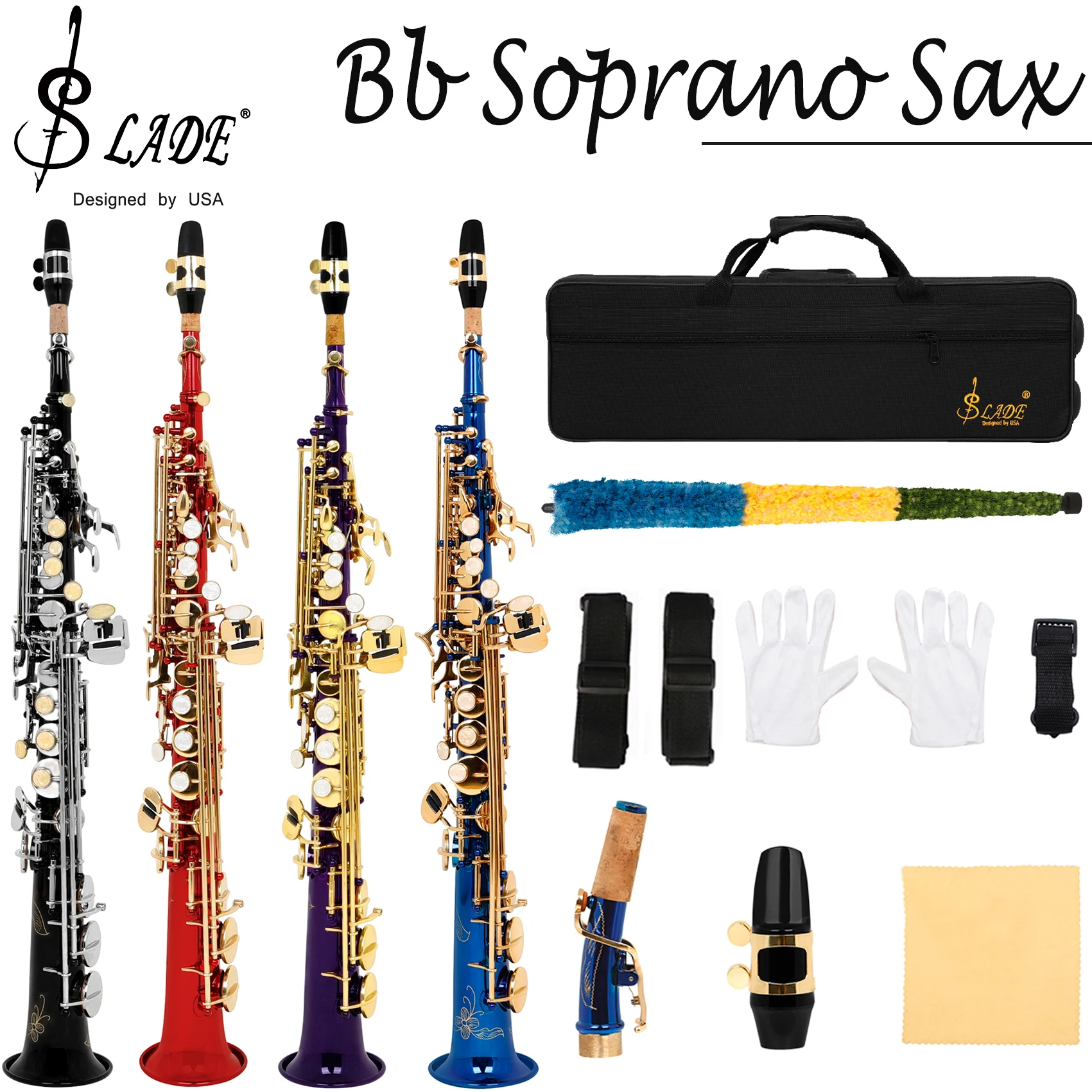 

SLADE Bb Soprano Saxophone Straight Sax B Flat Brass Saxfone Gigh Quality Woodwind Instrument with Case Parts & Accessories