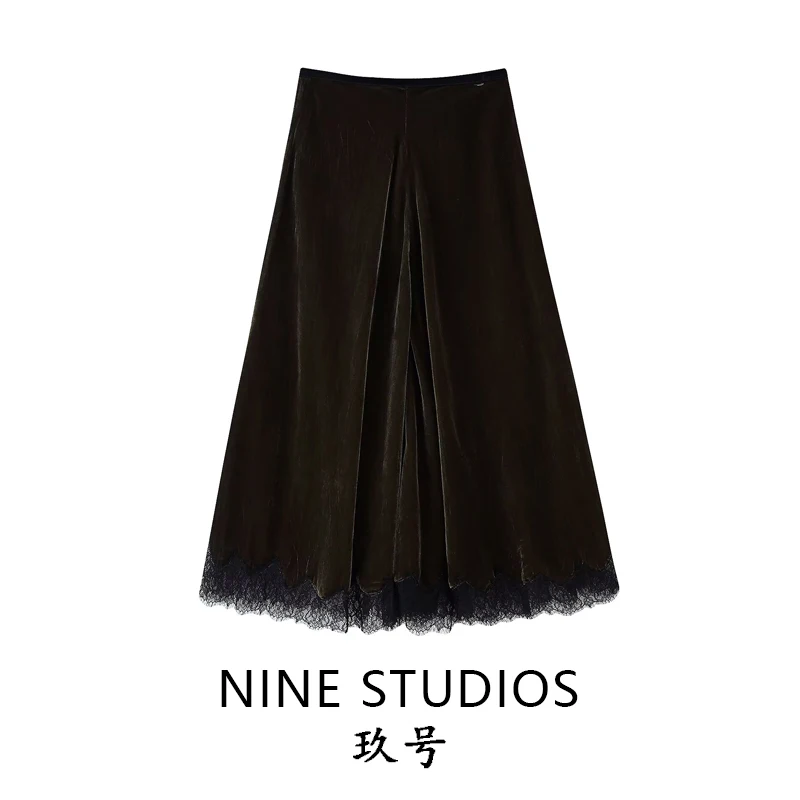 

High Waist Velvet Lace Patchwork Casual Mid-Length f Skirt European Sle Tassel Detail Polyester Fabric A-Line Skirt