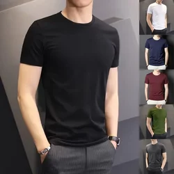 Men's Summer Korean Style Slim Fit Short Sleeve T-shirt 140g Polyester Blouse Smooths Your Silhouette Solid Color Base Layer Top